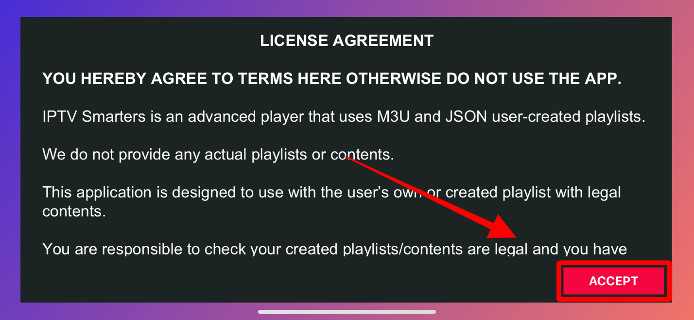 A screenshot of the IPTV Smarters License Agreement via App Store