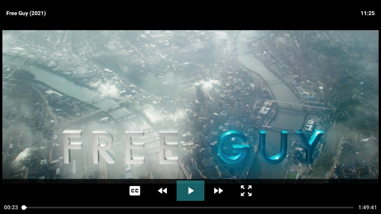 A screenshot of the movie Free Guy playing through the CyberFlix TV app