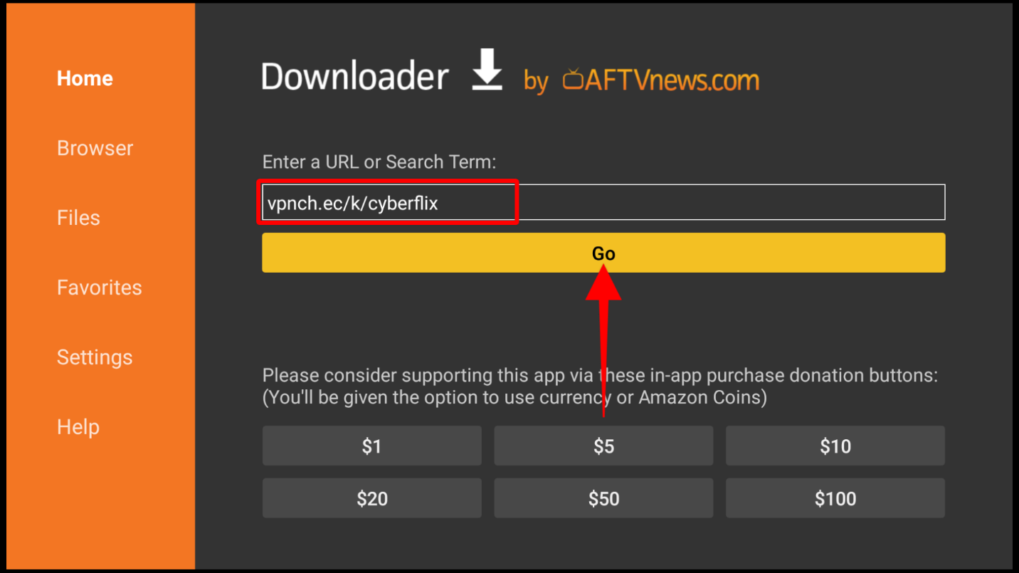 Adding the CyberFlix apk URL on Downloader