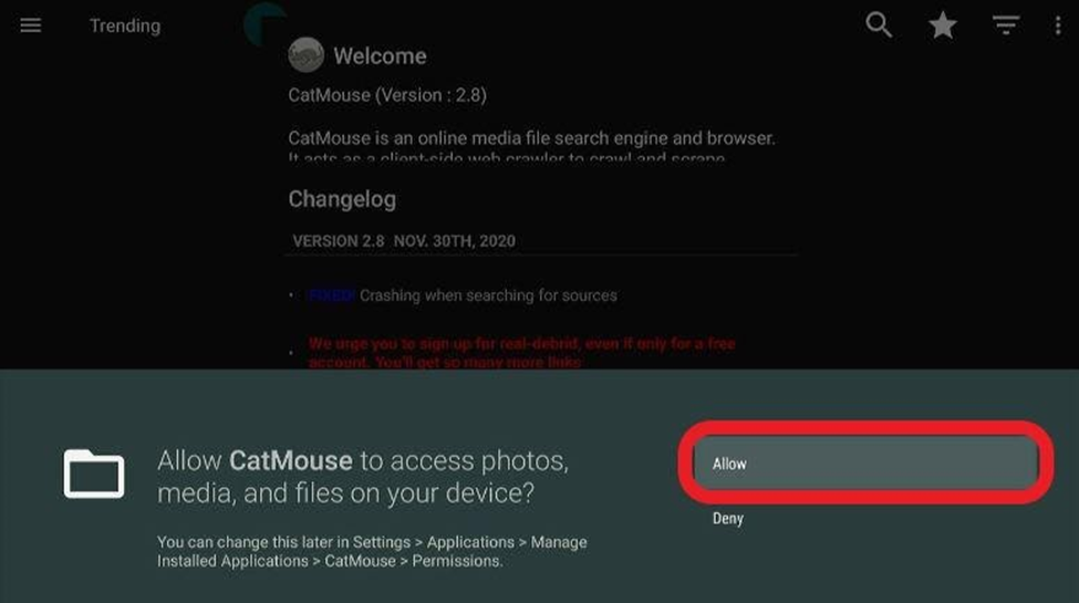 Allow CatMouse to access photos, media and files screen