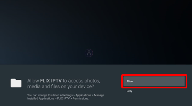 Allow the application Flix IPTV screen