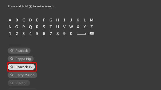 Amazon Firestick Search menu with Peacock TVSearch for Peacock TV