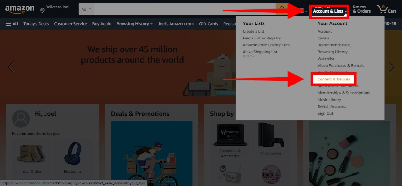 Amazon’s Account & Lists dropdown menu with Content & Devices highlighted