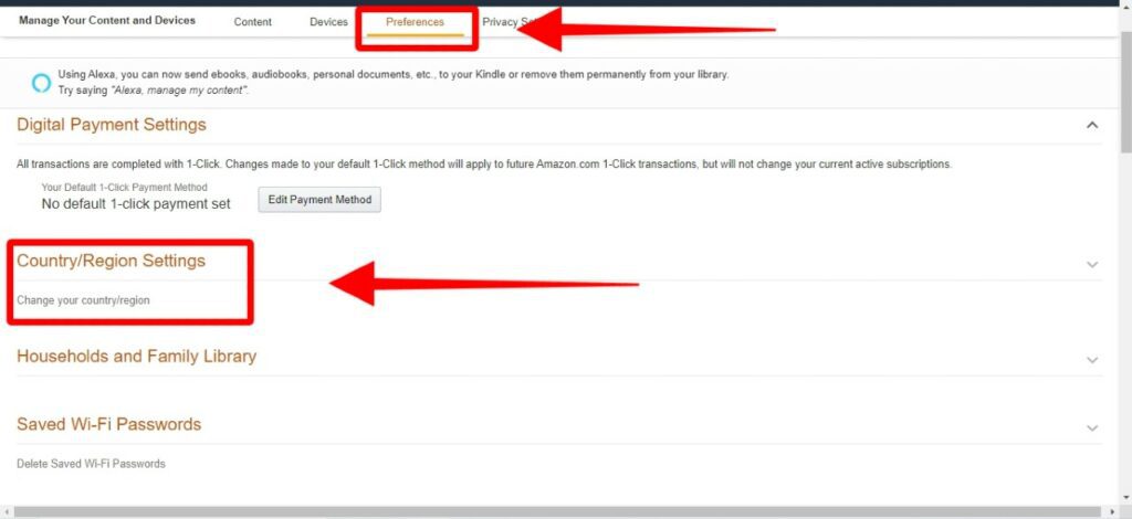 Amazon’s Preferences interface with Country Region Settings highlighted