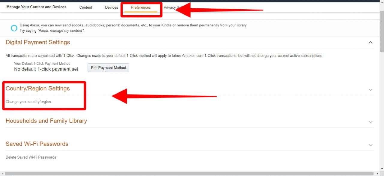 Amazon’s Preferences interface with Country Region Settings highlighted