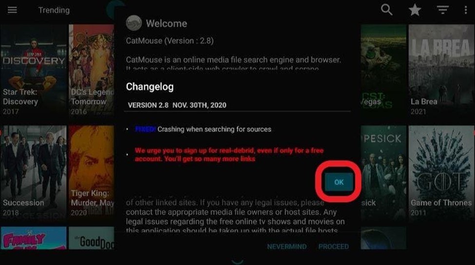 CatMouse apps Welcome changelog prompt with OK button highlighted