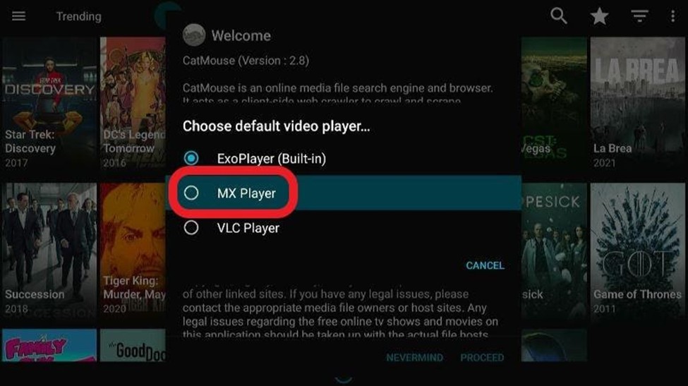 CatMouse apps Welcome prompt with MX Player option highlighted