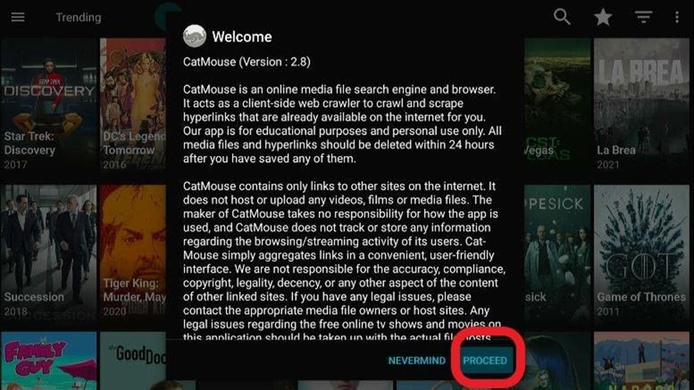 CatMouse apps Welcome prompt with Proceed button highlighted