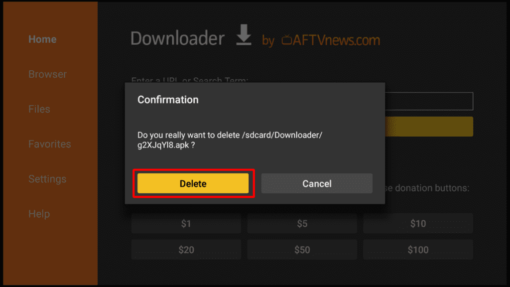 Confirmation dialog box for deleting CyberFlix TV installation file on Firestick