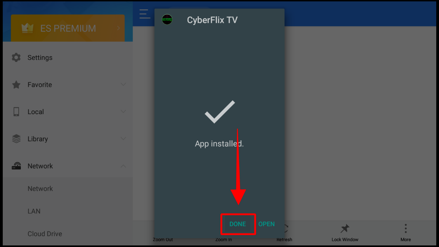 CyberFlix TV installation dialog box with the DONE option highlighted for clicking