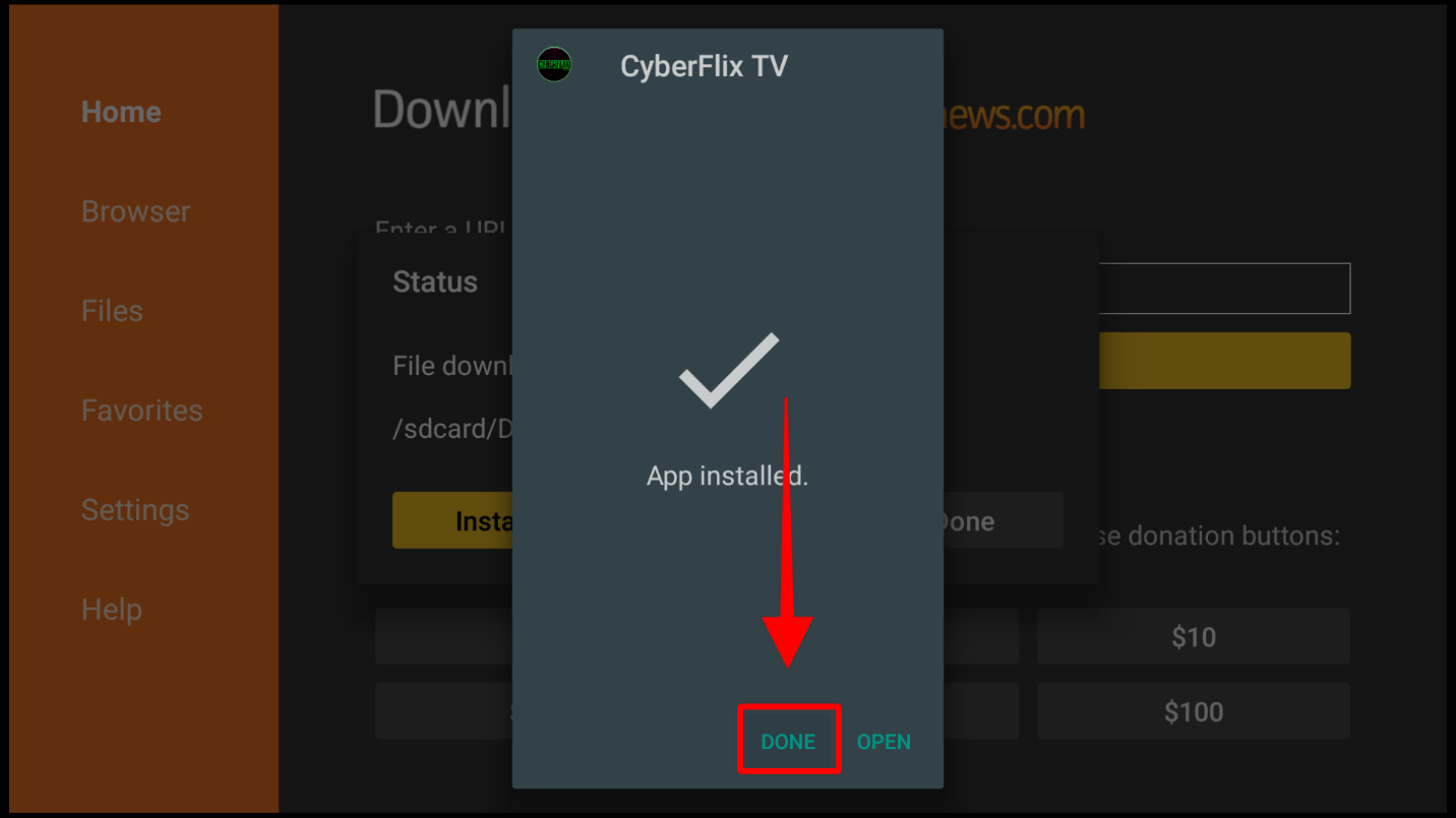 CyberFlix TV installed on Firestick with the DONE button highlighted for clicking