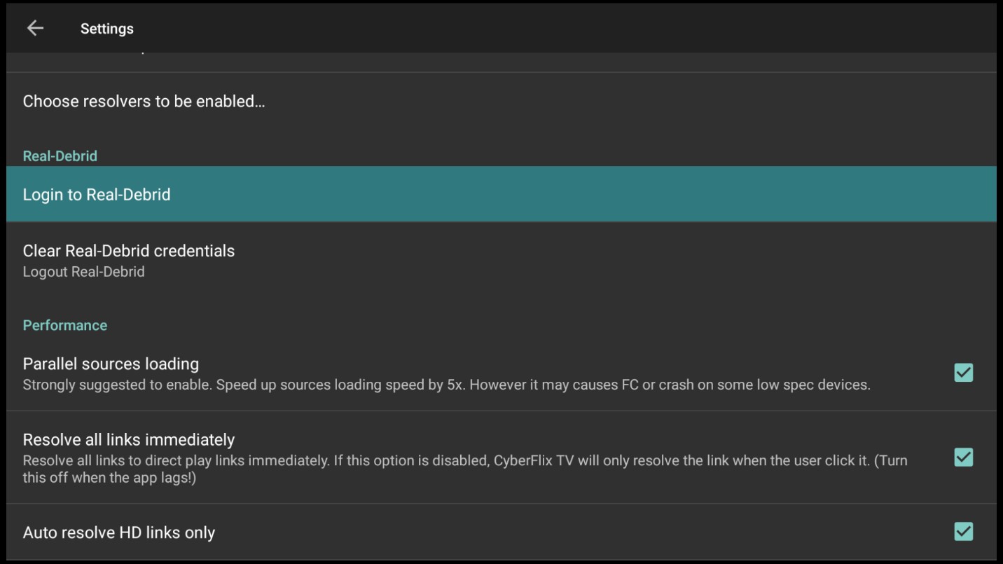 CyberFlix settings options showing Real Debrid and Performance options menu