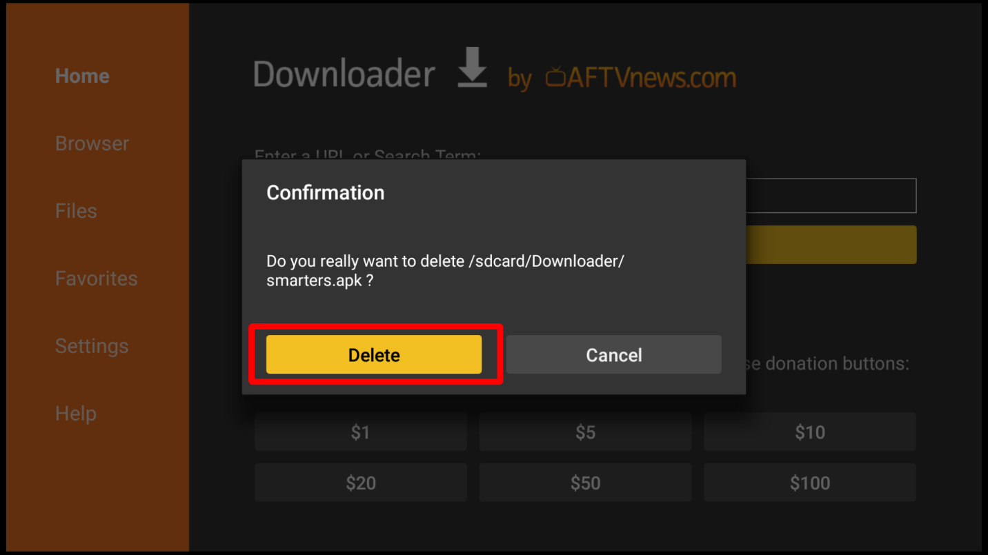 Dialog box confirming the deletion of IPTV Smarters apk installation file