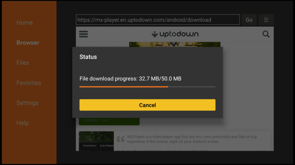 Dialog box showing the file download progress of MX Player on Firestick