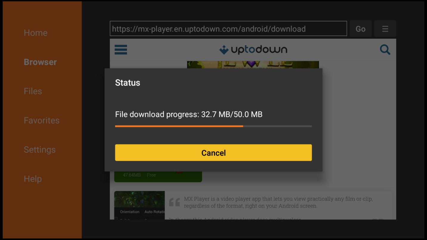 Dialog box showing the file download progress of MX Player on Firestick