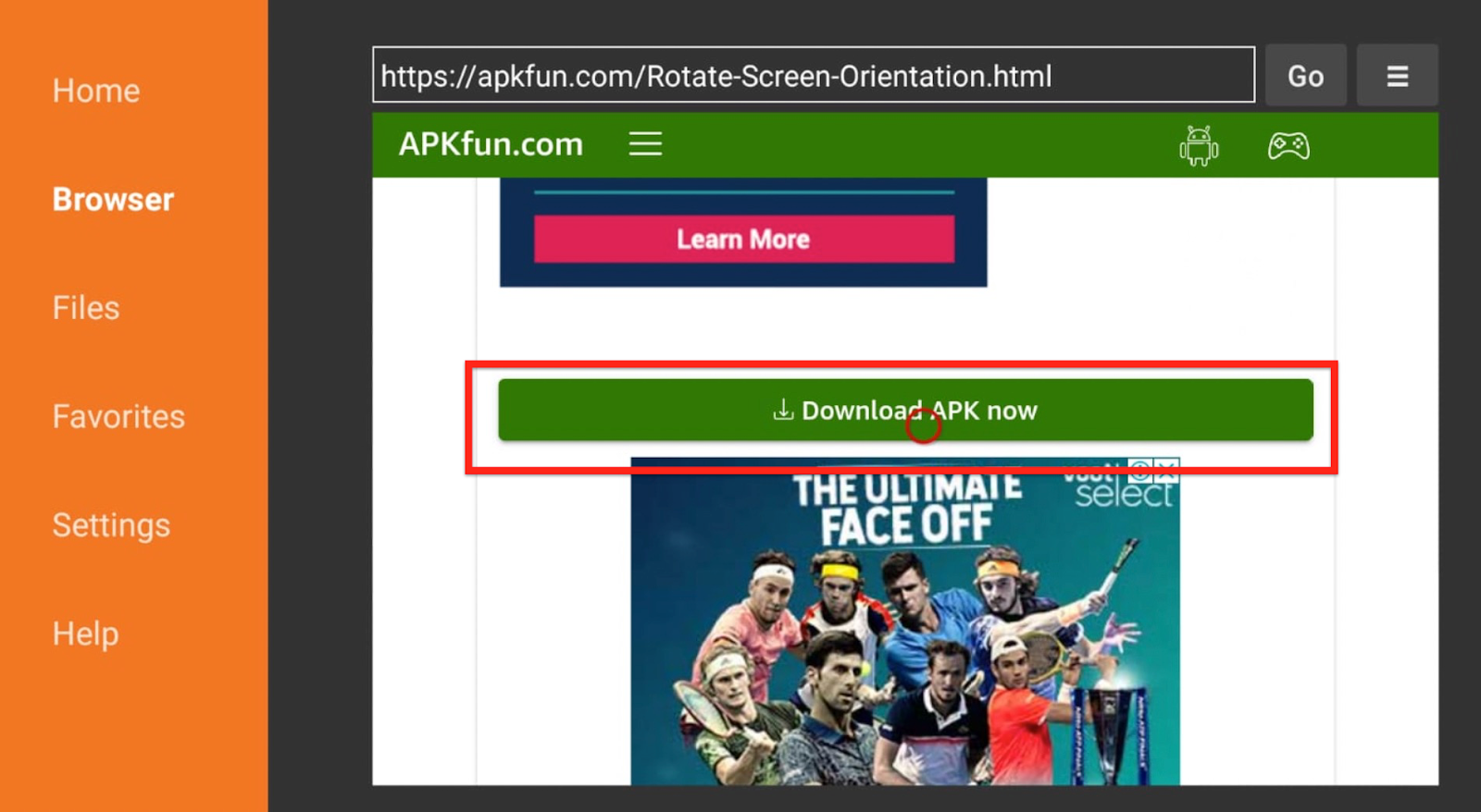 Downloader app, Download APK Now highlighted in the APK Fun page