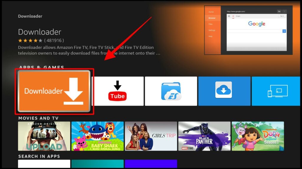 Downloader app highlighted in the search results on Firestick