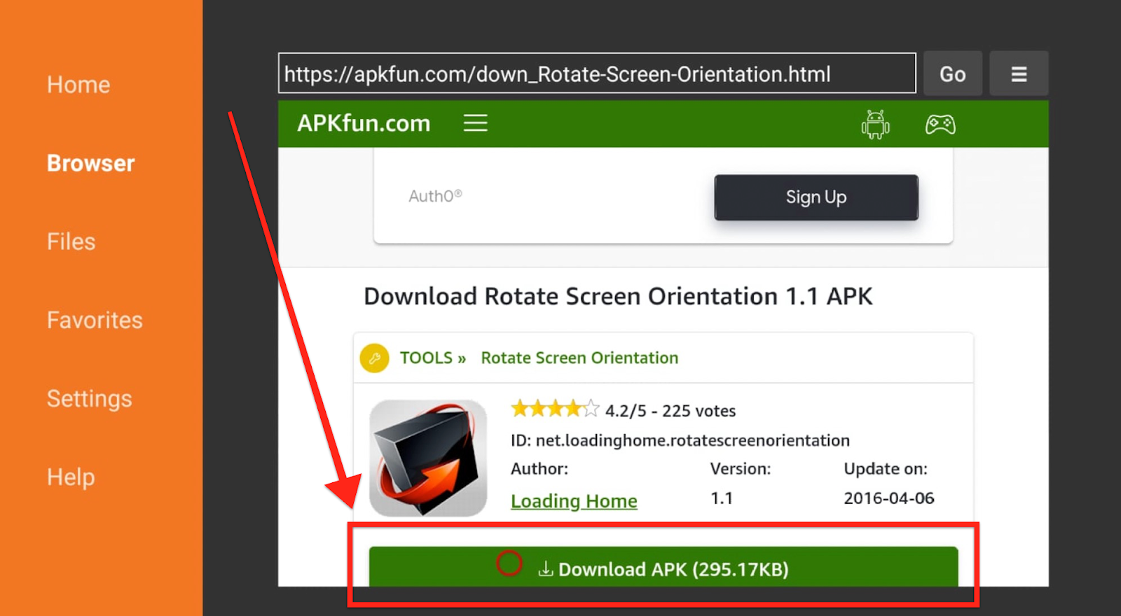 Downloader app, select Download APK (295.17KB) in the APK Fun page