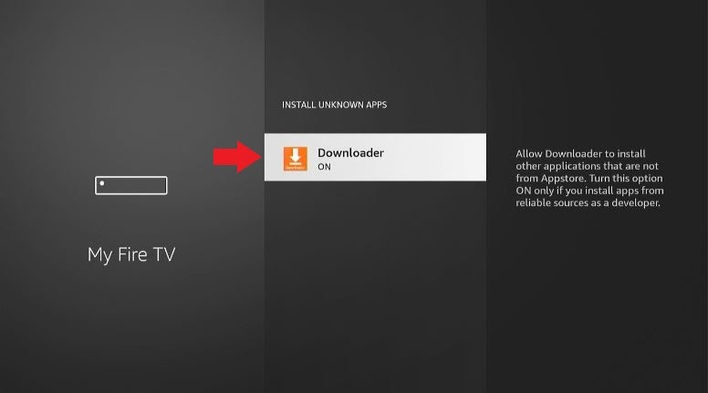 Downloader shown as turned on and highlighted among the Install Unknown Apps options in My Fire TV settings menu