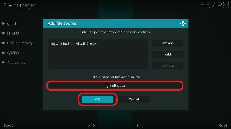 File manager screen with grindhousekodi source name and OK button highlighted