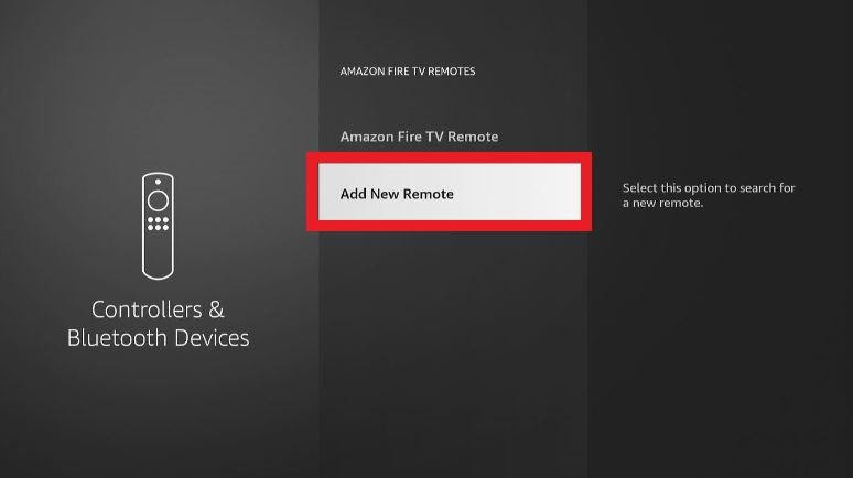 Firestick Controllers & Bluetooth Devices screen Add New Remote highlighted