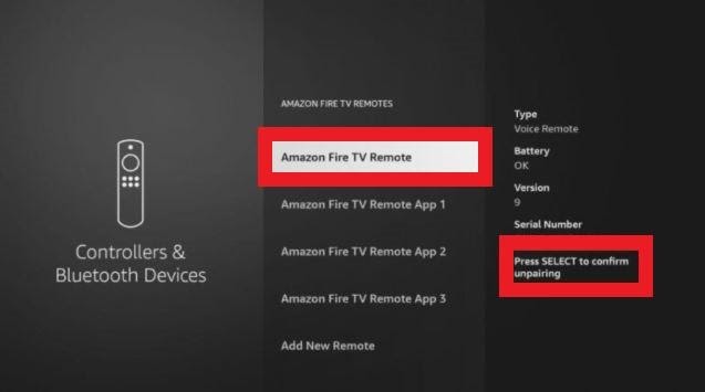 Firestick Controllers & Bluetooth Devices screen Amazon Fire TV Remotes & Confirm to unpair highlighted