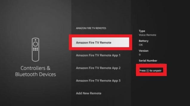 Firestick Controllers & Bluetooth Devices screen Amazon Fire TV Remotes & Press to unpair highlighted