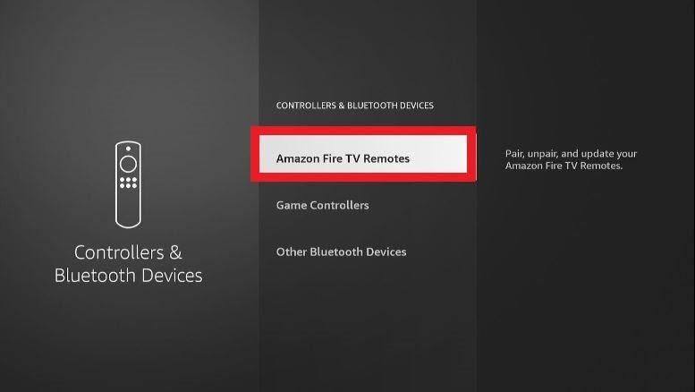 Firestick Controllers & Bluetooth Devices screen Amazon Fire TV Remotes highlighted