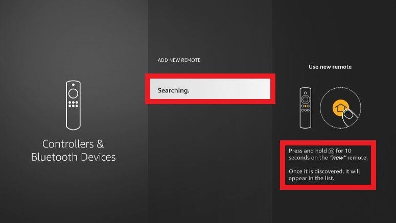 Firestick Controllers & Bluetooth Devices screen Searching highlighted