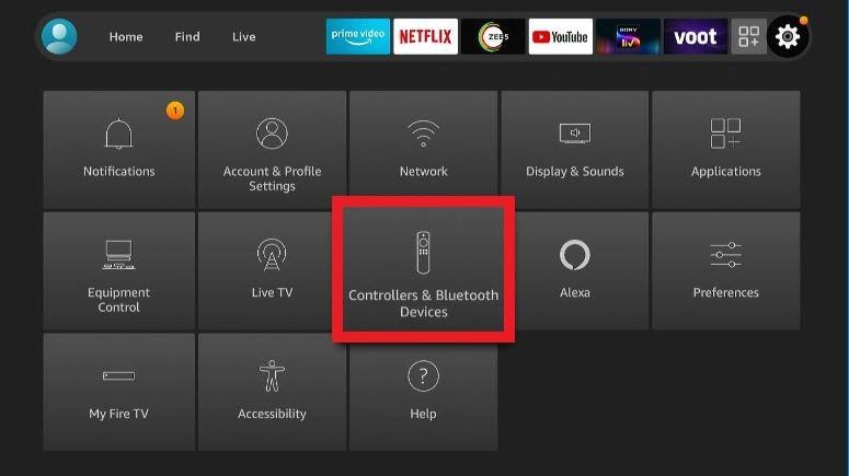 Firestick setting screen Controllers & Bluetooth Devices highlighted