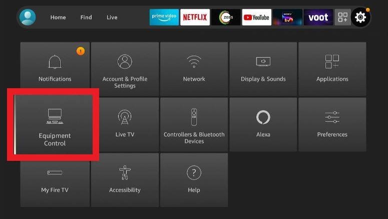 Firestick setting screen Equipment Control highlighted