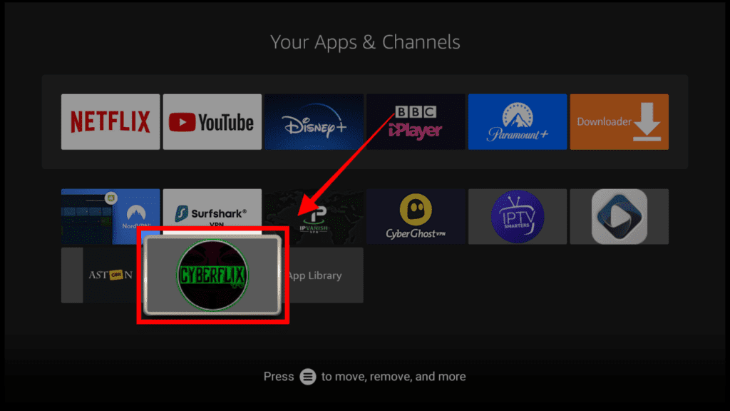 Firestick’s Apps & Channels tile menu showing the CyberFlix app has been added