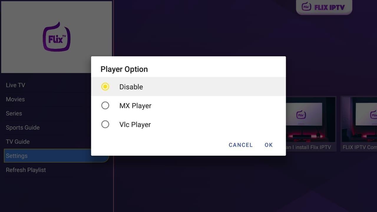 Flix IPTV Player option screen