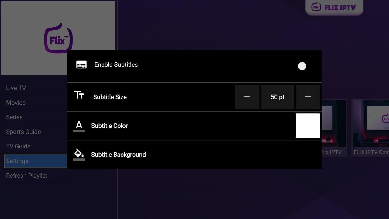 Flix IPTV Subtitle Personalization screen