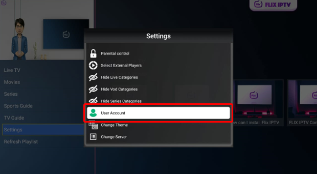 Flix IPTV User Account button highlighted