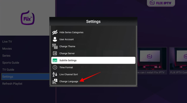 Flix IPTV change Language option screen