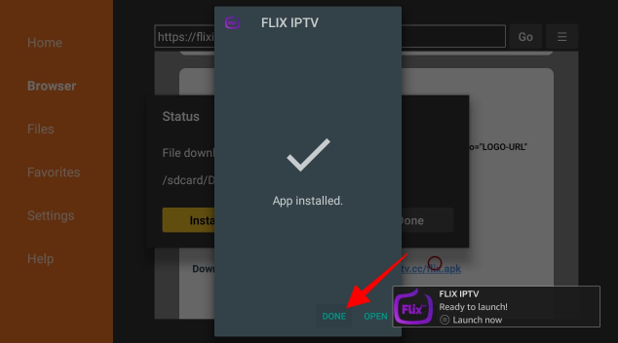 Flix IPTV dialogue box with Done button after Install highlighted