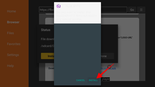 Flix IPTV dialogue box with Install button highlighted