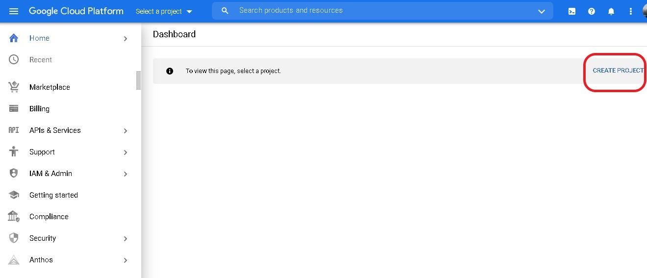 Google Could dashboard window, CREATE PROJECT tab highlighted