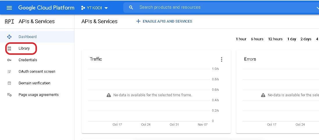 Google cloud APIs & Services Library highlighted