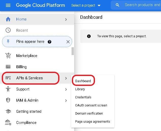 Google cloud HOME screen, APIs & Services and Dashboard highlighted