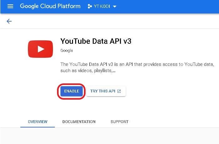 Google cloud new project section YouTube Data API V3 enabled