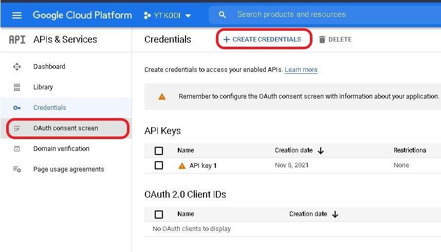 Google cloud project Create Credential section, OAuth consent screen highlighted