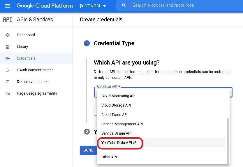 Google cloud project Credential Type section, drop down list Youtube API highlighted