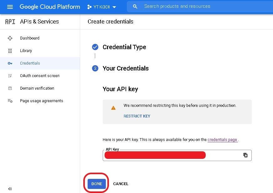 Google cloud project Credential Type section, generate an API key