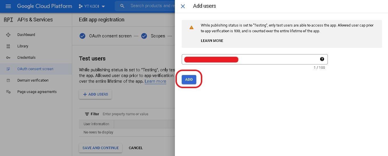 Google cloud project OAuth consent screen, ADD USERS window