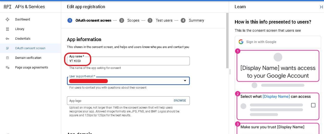 Google cloud project OAuth consent screen, App information, YT Kodi and your email ID highlighted