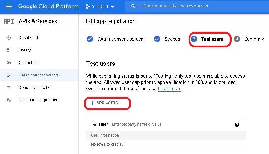 Google cloud project OAuth consent screen, section Test Users option ADD USERS