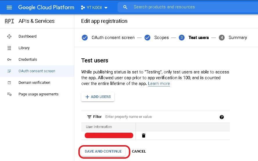 Google cloud project OAuth consent screen, section Test Users option saving USERS