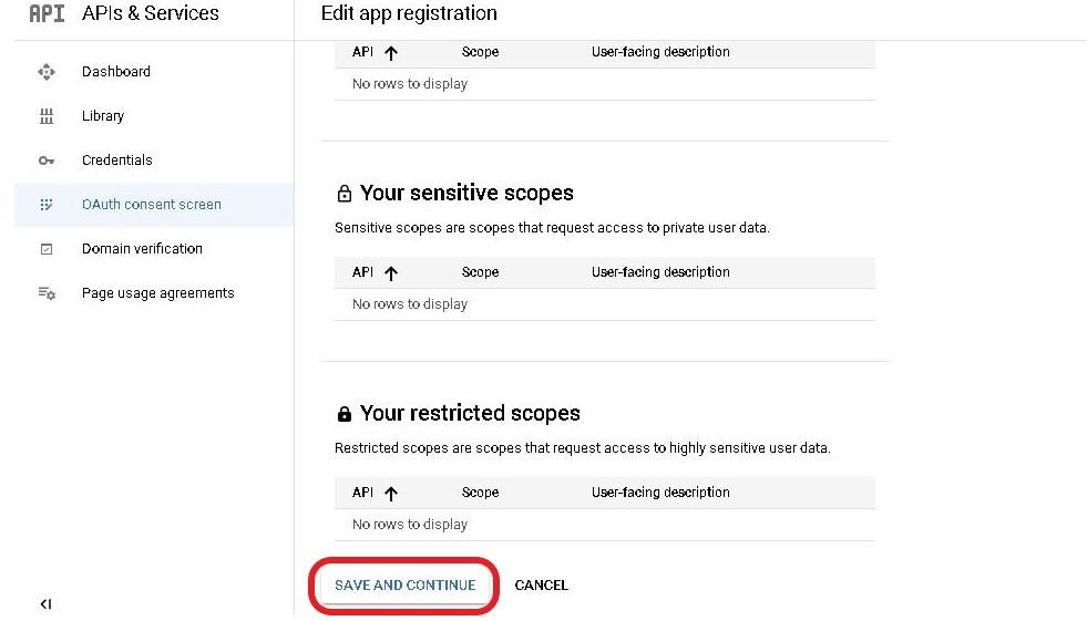 Google cloud project OAuth consent screen, section Your restricted scopes